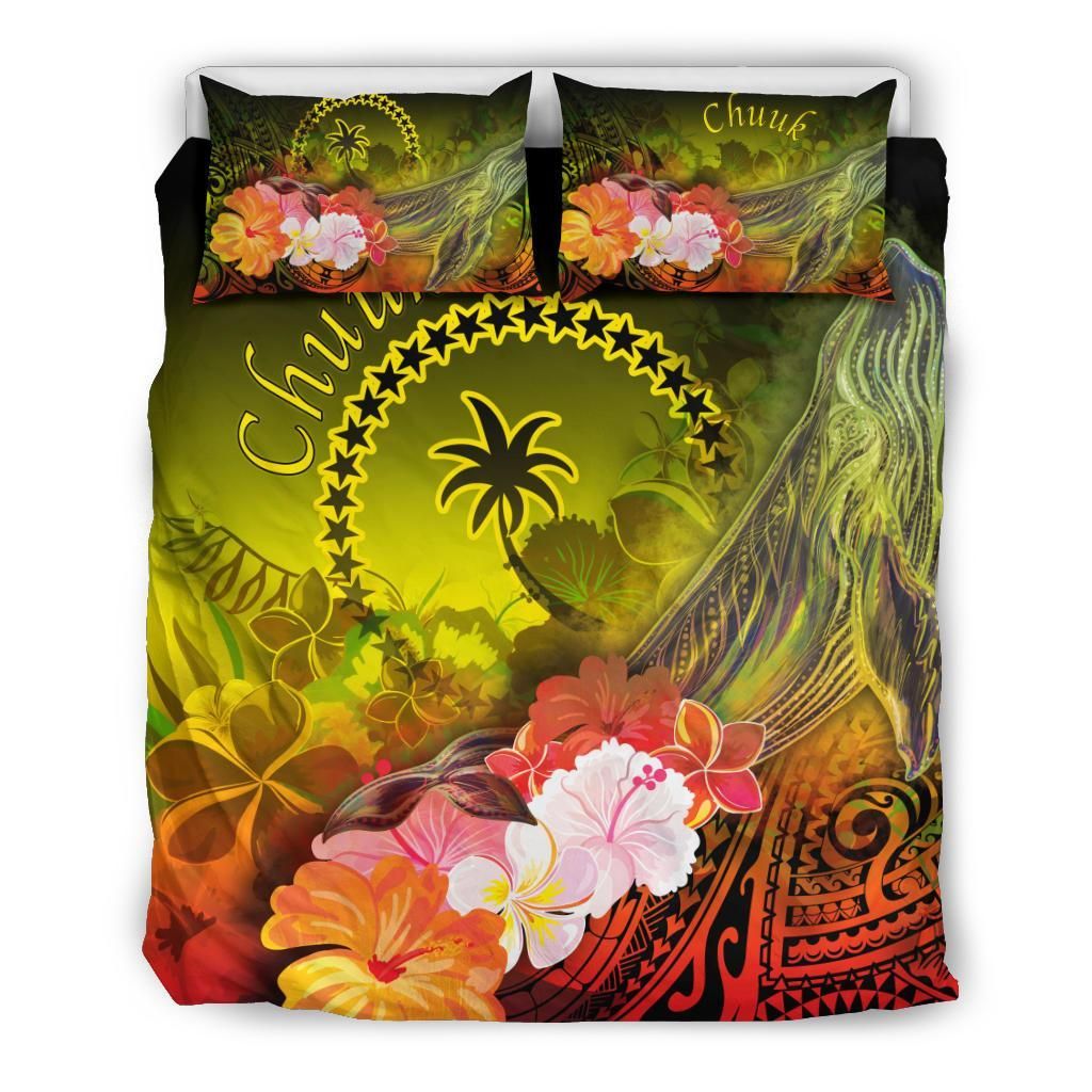 Chuuk Bedding Set - Humpback Whale With Tropical Flowers (Yellow)