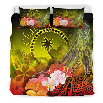Chuuk Bedding Set - Humpback Whale With Tropical Flowers (Yellow)