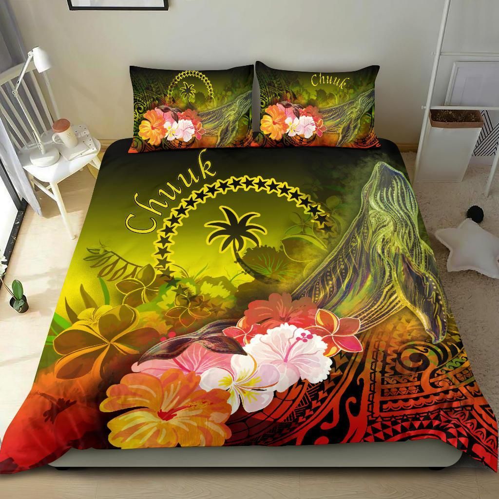 Chuuk Bedding Set - Humpback Whale With Tropical Flowers (Yellow)