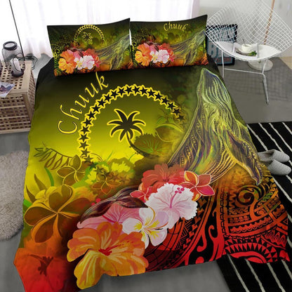 Chuuk Bedding Set - Humpback Whale With Tropical Flowers (Yellow)