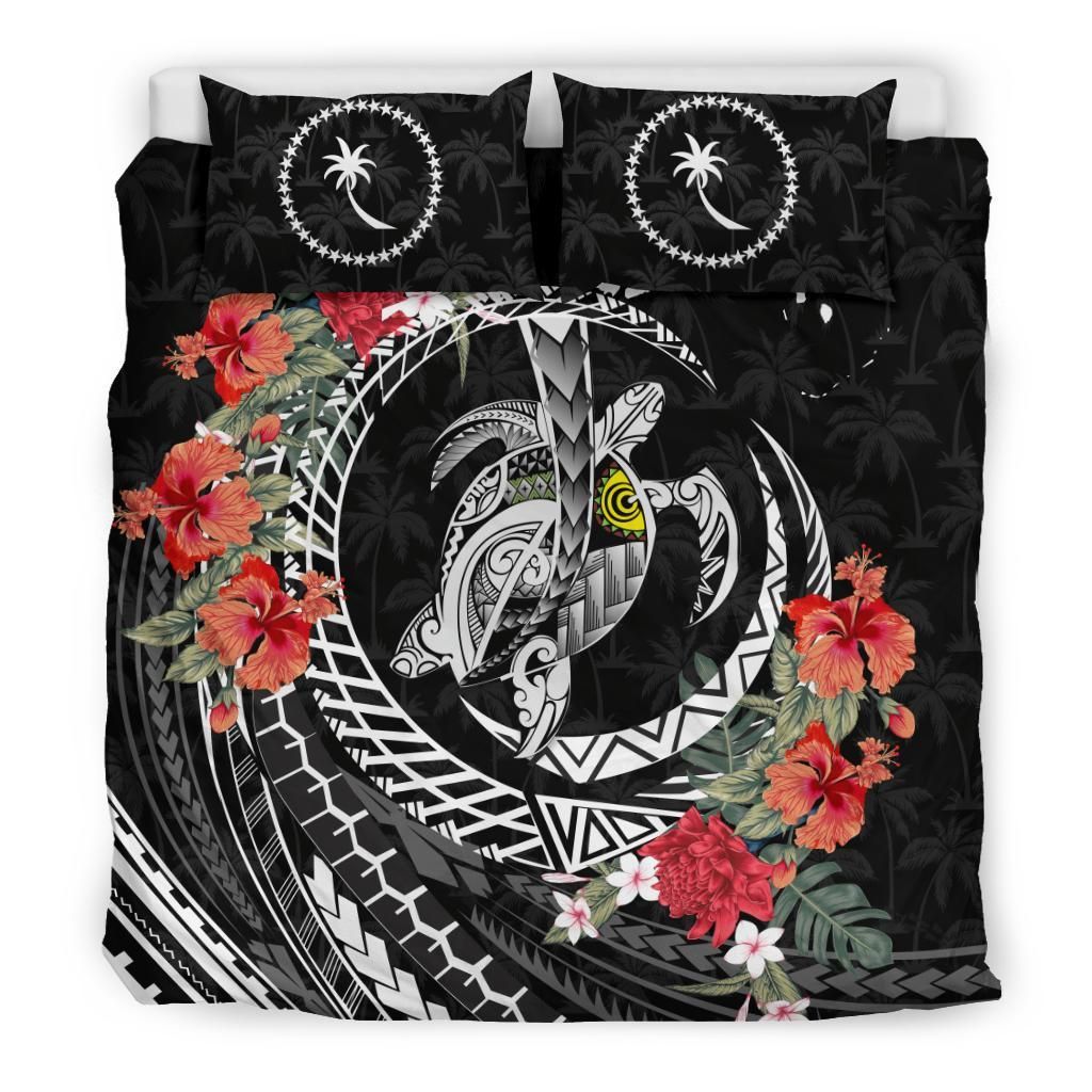 Polynesian Duvet Cover Set - Chuuk Bedding Set Polynesia Map Turtle Hibiscus