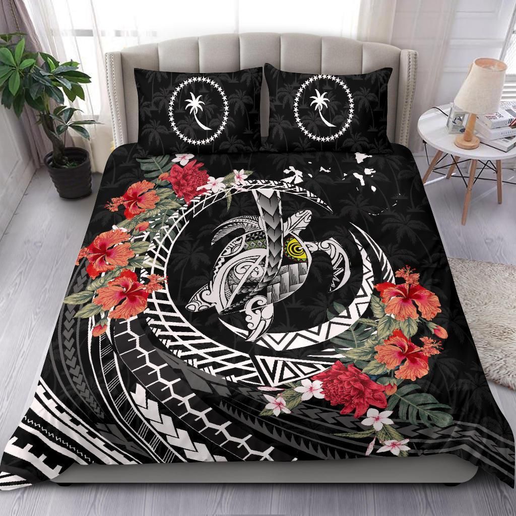 Polynesian Duvet Cover Set - Chuuk Bedding Set Polynesia Map Turtle Hibiscus