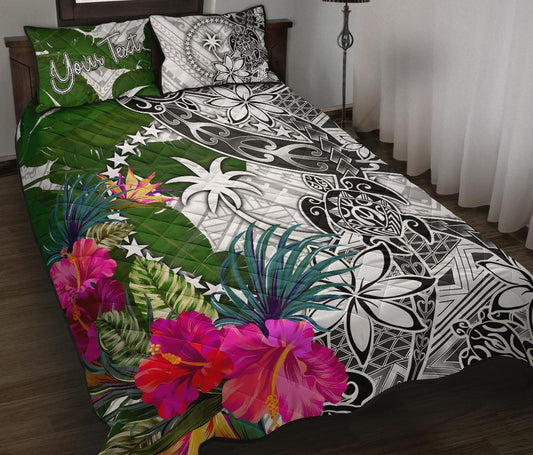 Chuuk Custom Personalised Quilt Bed Set White - Turtle Plumeria Banana Leaf