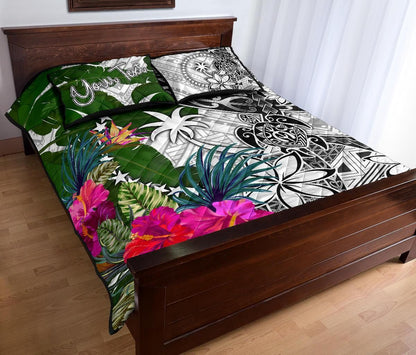 Chuuk Custom Personalised Quilt Bed Set White - Turtle Plumeria Banana Leaf