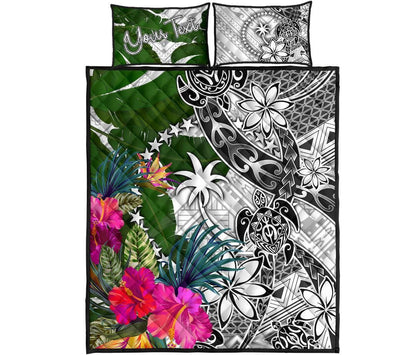 Chuuk Custom Personalised Quilt Bed Set White - Turtle Plumeria Banana Leaf