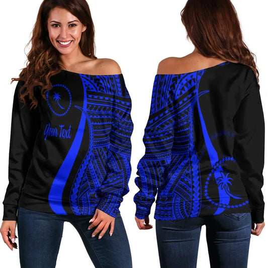 Chuuk Custom Personalised Women Off Shoulder Sweater - Blue Polynesian Tentacle Tribal Pattern