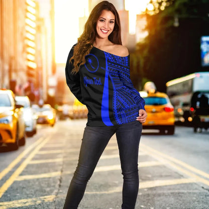 Chuuk Custom Personalised Women Off Shoulder Sweater - Blue Polynesian Tentacle Tribal Pattern