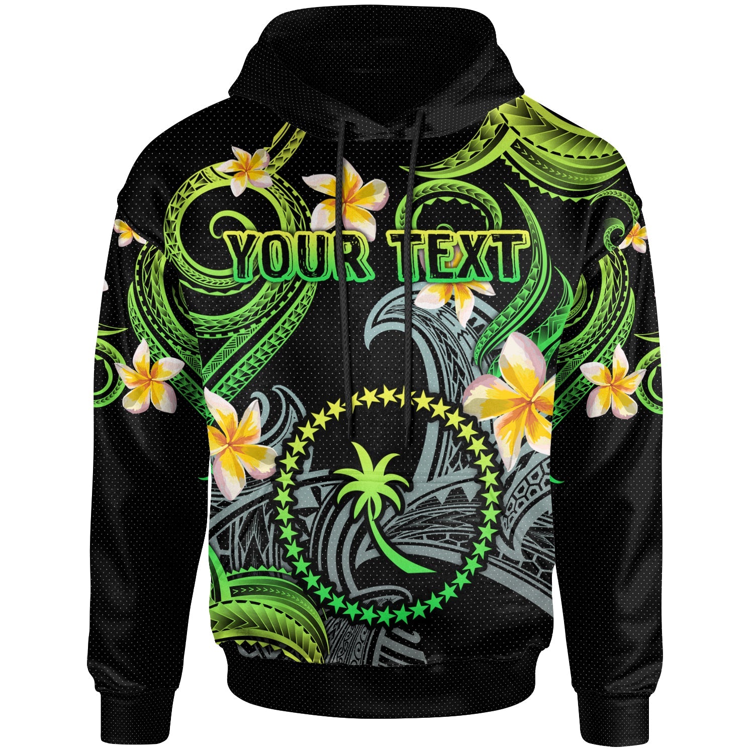 Chuuk Hoodie - Custom Personalised Polynesian Waves with Plumeria Flowers (Green)
