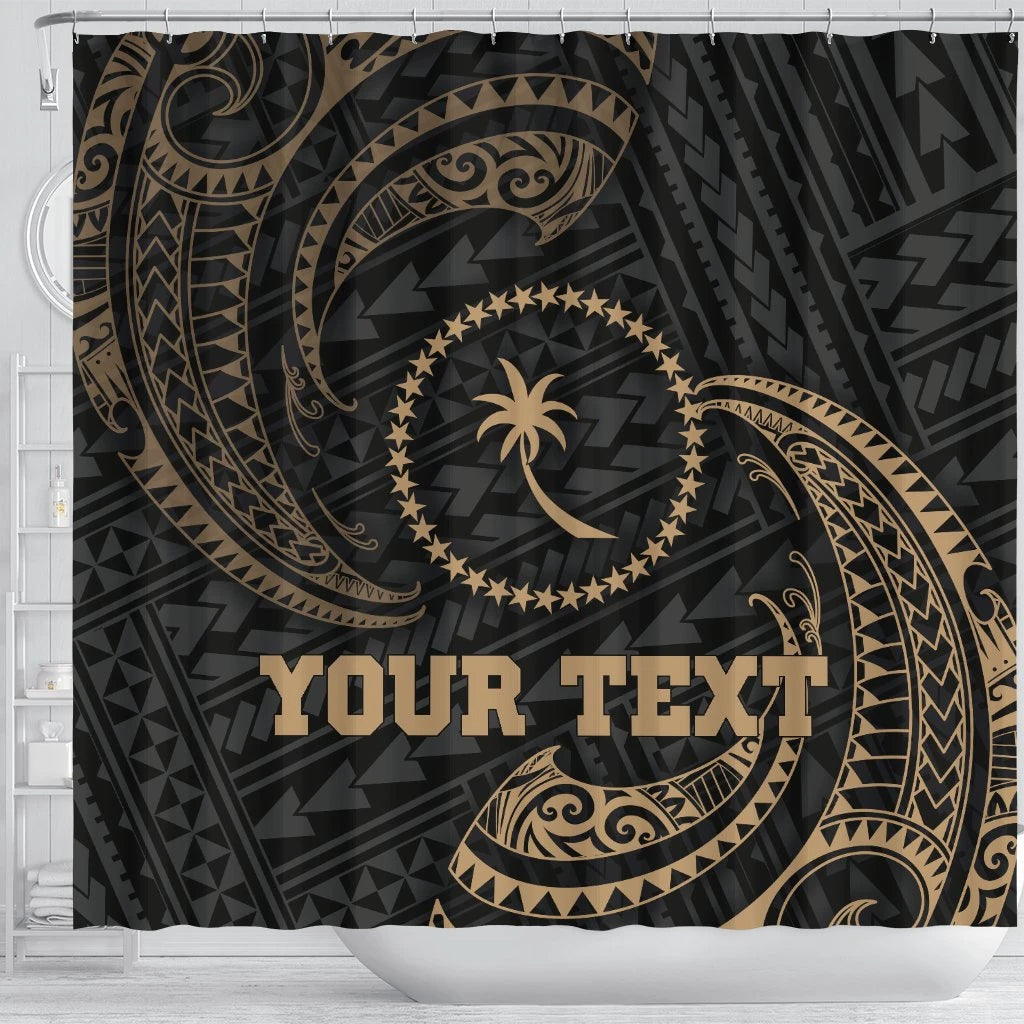 Chuuk Micronesia Custom Personalised Shower Curtain - Gold Tribal Wave