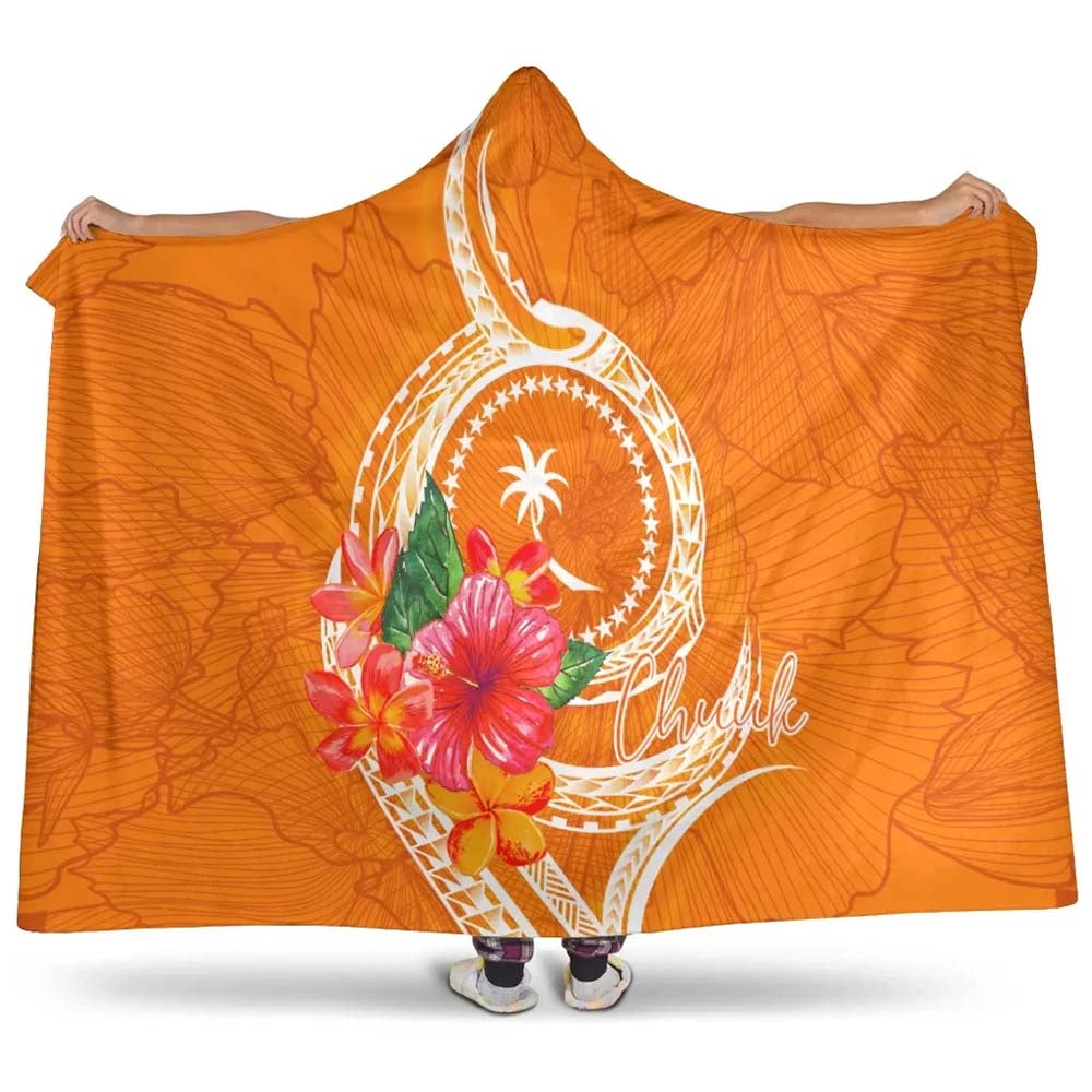 Chuuk Micronesia Hooded Blanket - Orange Floral With Seal