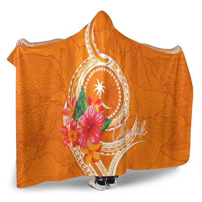 Chuuk Micronesia Hooded Blanket - Orange Floral With Seal