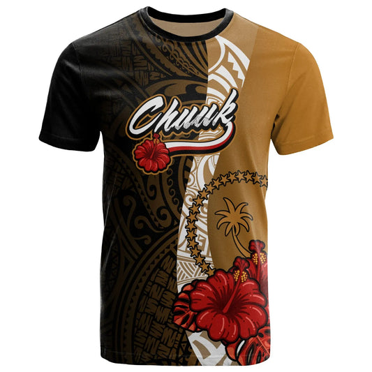 Chuuk Micronesia T-Shirt - Coat Of Arms With Hibiscus Gold