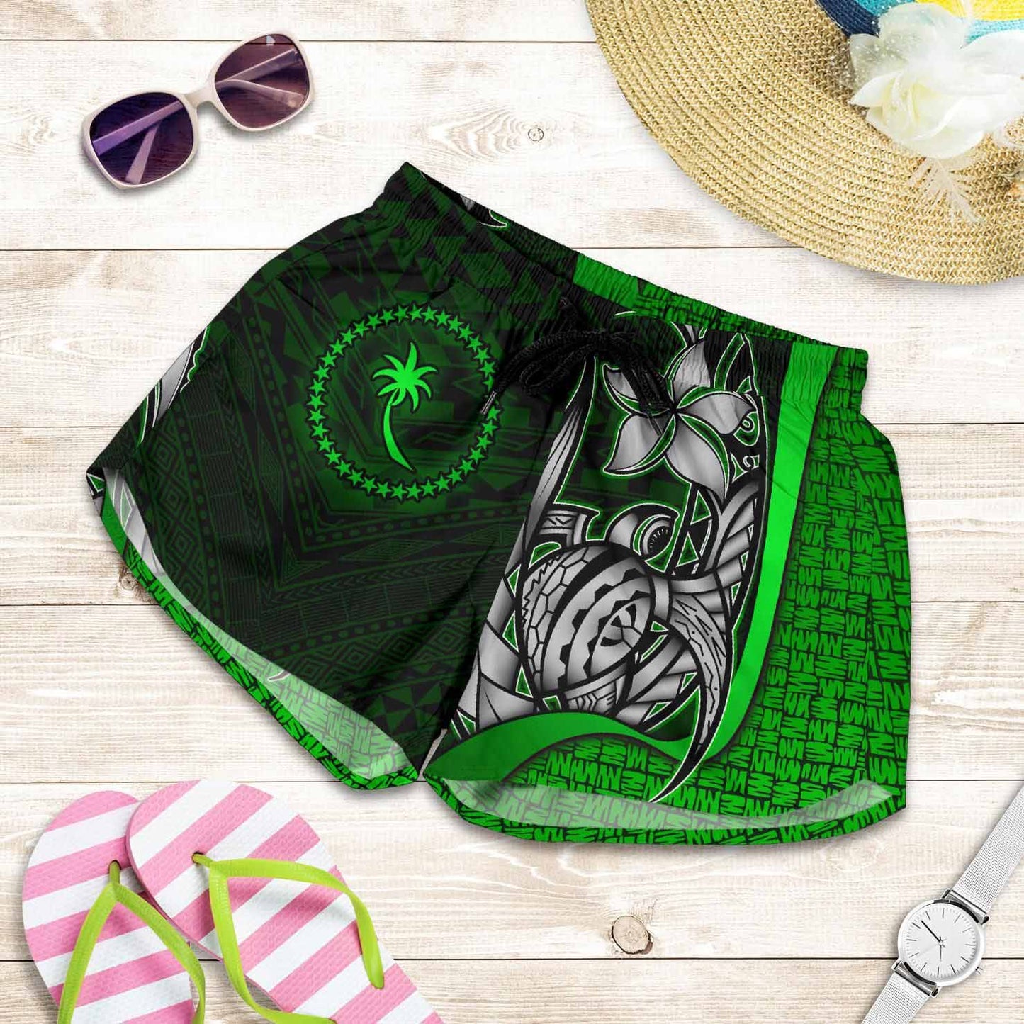 Chuuk Micronesia Women Shorts Green - Turtle With Hook