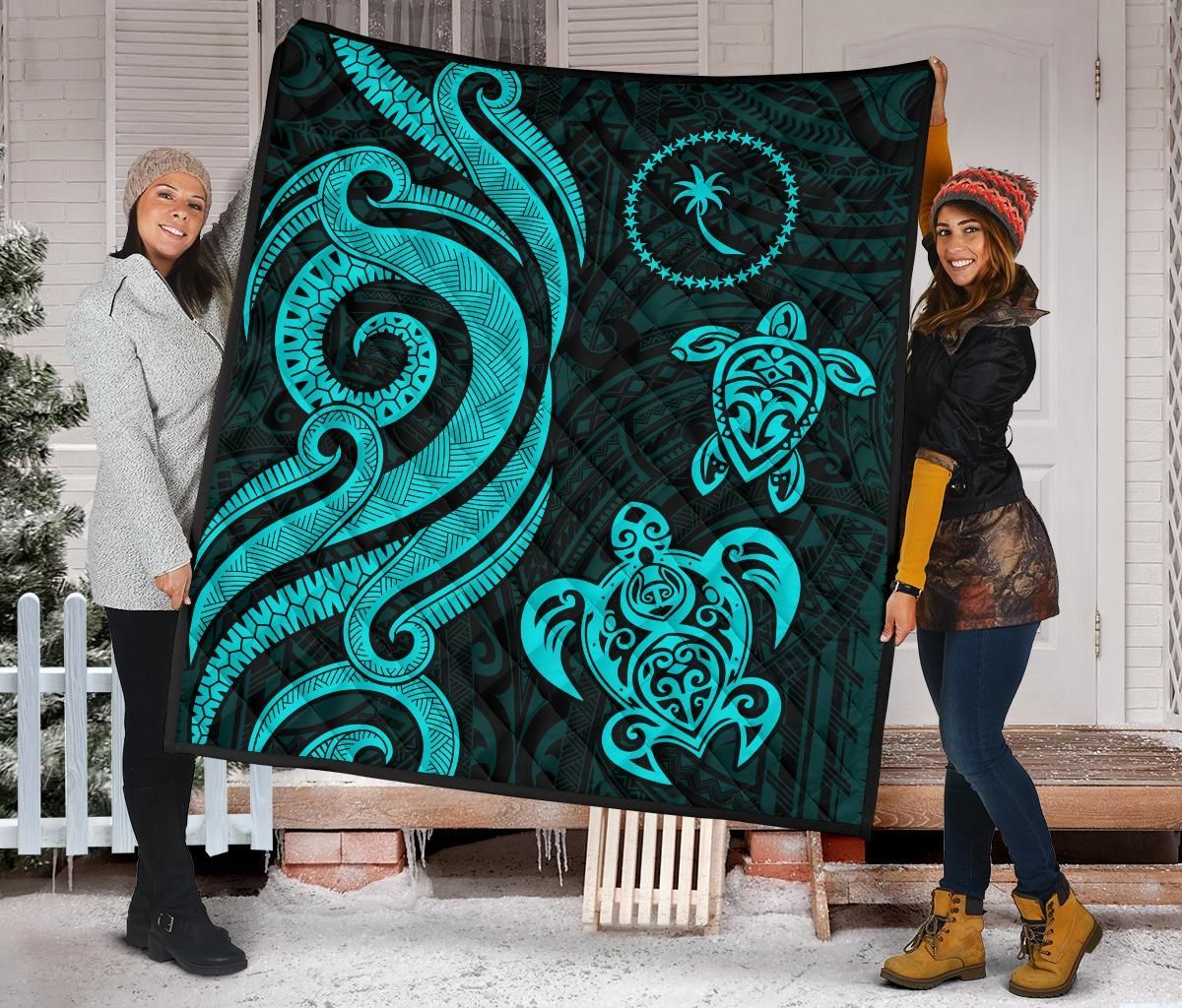 Chuuk Micronesian Premium Quilt - Turquoise Tentacle Turtle