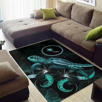 Chuuk Polynesian Area Rugs - Turtle With Blooming Hibiscus Turquoise