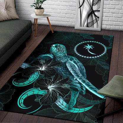 Chuuk Polynesian Area Rugs - Turtle With Blooming Hibiscus Turquoise