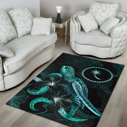 Chuuk Polynesian Area Rugs - Turtle With Blooming Hibiscus Turquoise