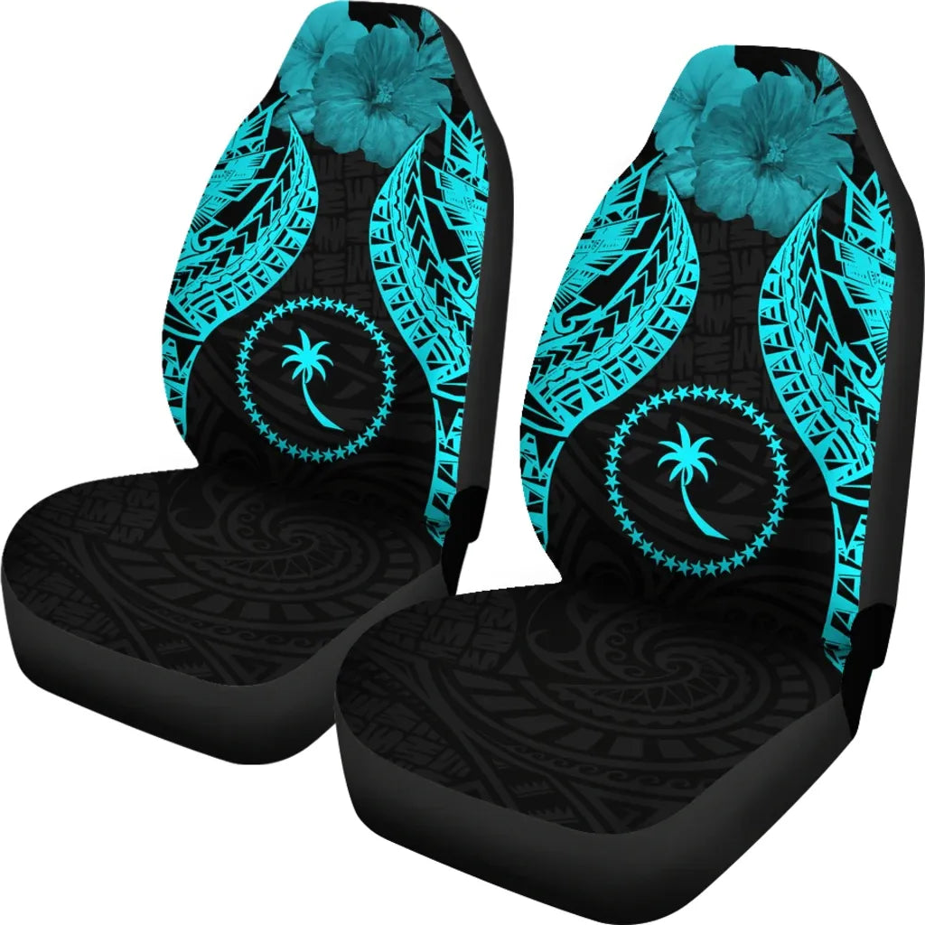 Chuuk Polynesian Car Seat Covers Pride Seal And Hibiscus Neon Blue