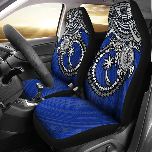 Chuuk Car Seat Covers - Chuuk Flag White Turtle Hibiscus (Blue)