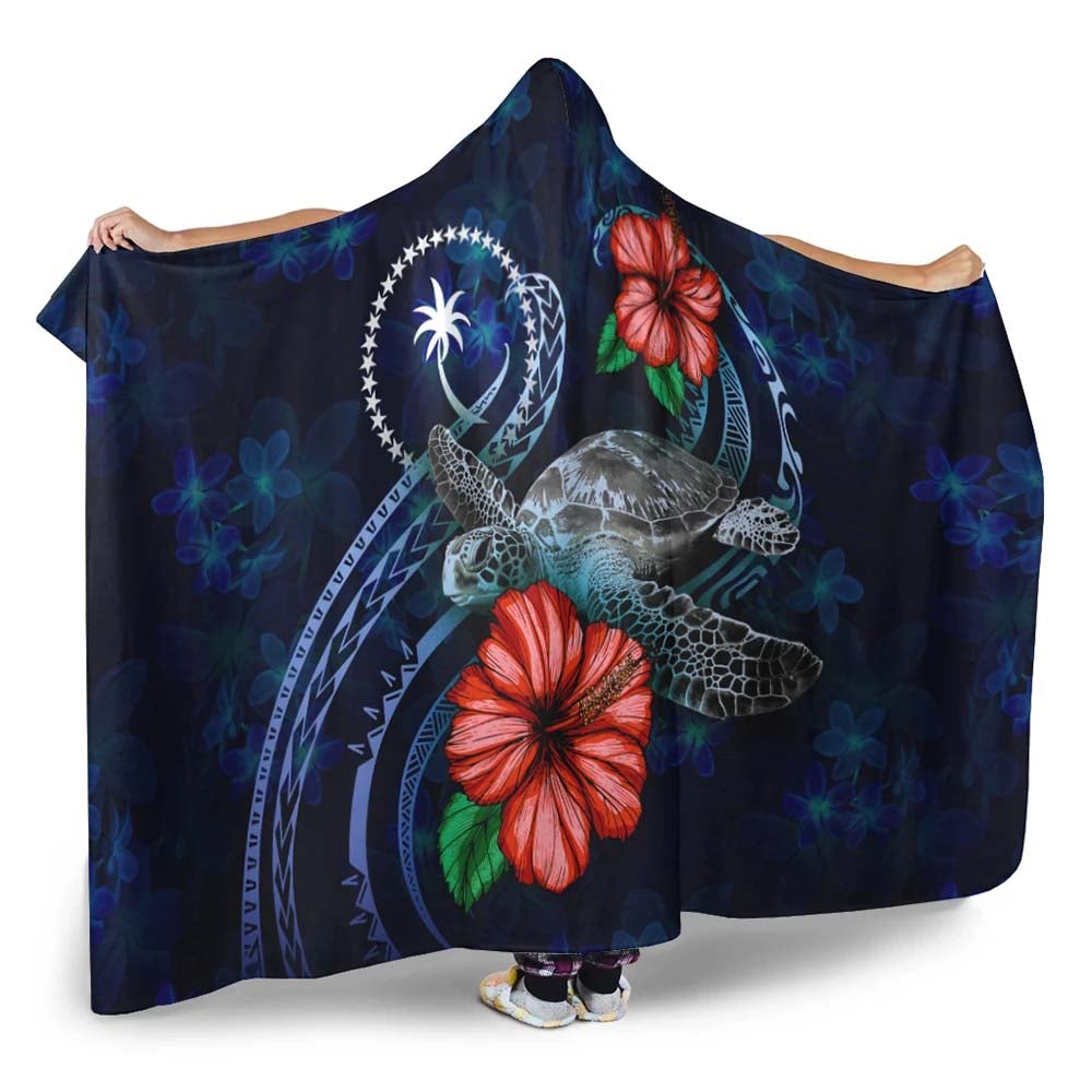 Chuuk Polynesian Hooded Blanket - Blue Turtle Hibiscus