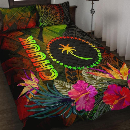 Chuuk Polynesian Quilt Bed Set - Hibiscus and Banana Leaves