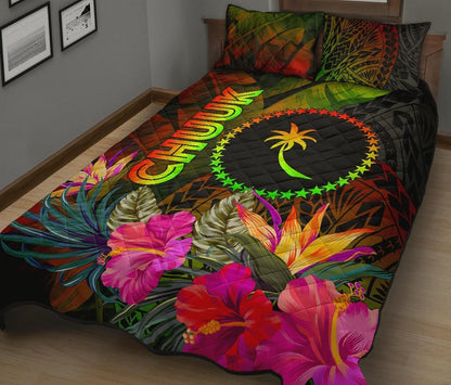 Chuuk Polynesian Quilt Bed Set - Hibiscus and Banana Leaves