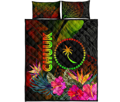 Chuuk Polynesian Quilt Bed Set - Hibiscus and Banana Leaves