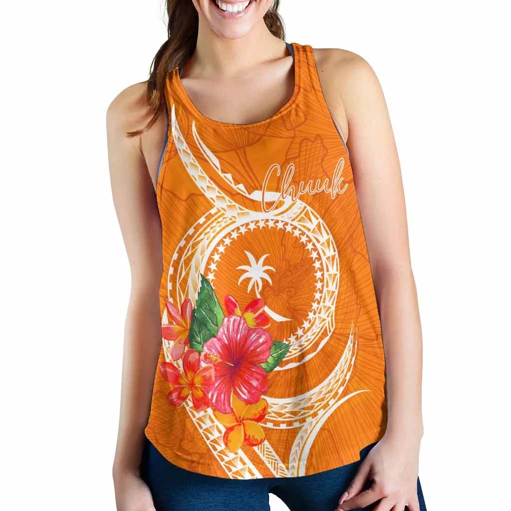 Chuuk Polynesian Women Racerback Tank - Orange Floral With Seal