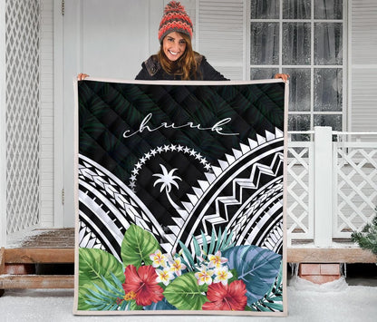 Chuuk Premium Quilt - Chuuk Coat of Arms & Polynesian Tropical Flowers White