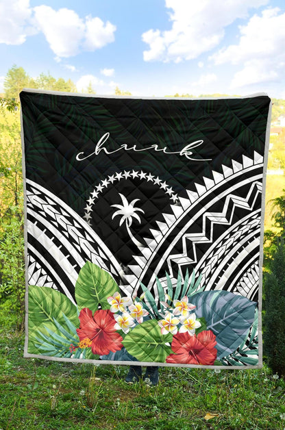 Chuuk Premium Quilt - Chuuk Coat of Arms & Polynesian Tropical Flowers White