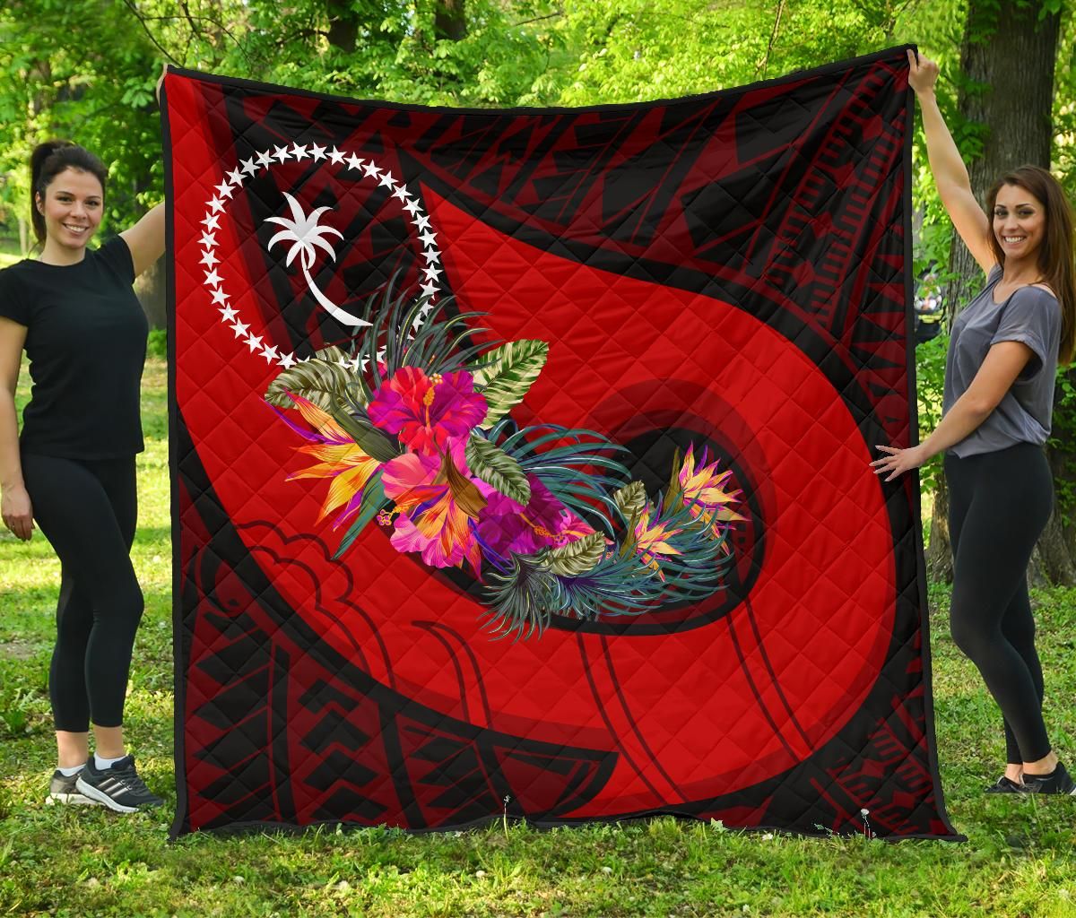 Chuuk Premium Quilt - Polynesian Hook And Hibiscus (Red)