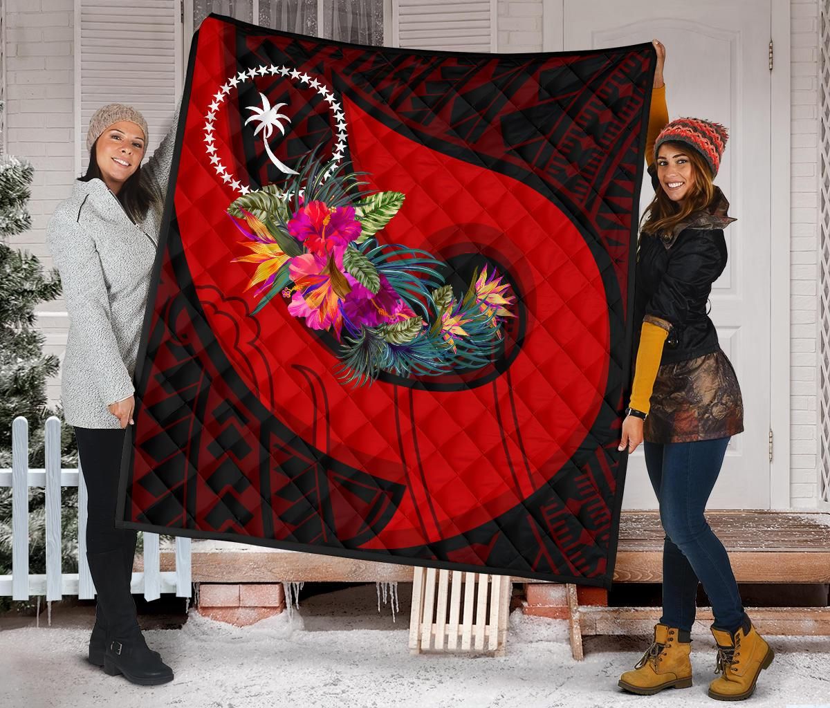 Chuuk Premium Quilt - Polynesian Hook And Hibiscus (Red)