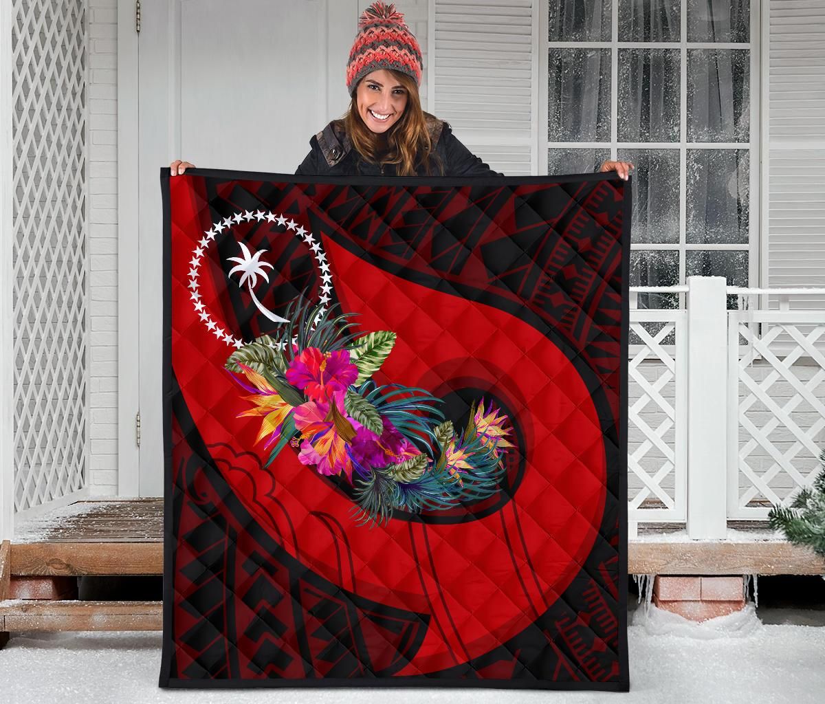 Chuuk Premium Quilt - Polynesian Hook And Hibiscus (Red)