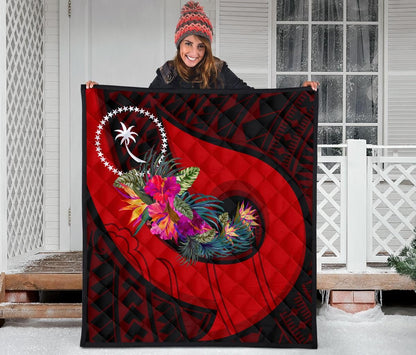 Chuuk Premium Quilt - Polynesian Hook And Hibiscus (Red)
