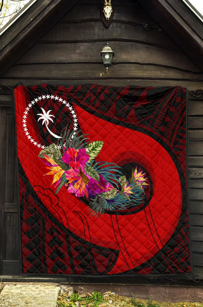 Chuuk Premium Quilt - Polynesian Hook And Hibiscus (Red)