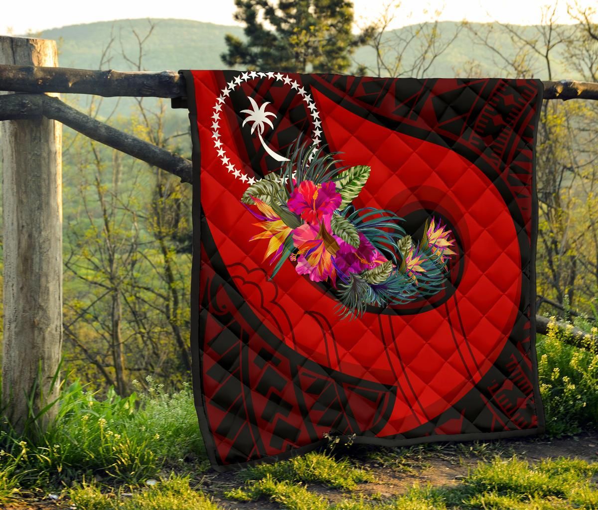 Chuuk Premium Quilt - Polynesian Hook And Hibiscus (Red)