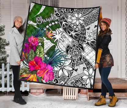 Chuuk Premium Quilt White - Turtle Plumeria Banana Leaf