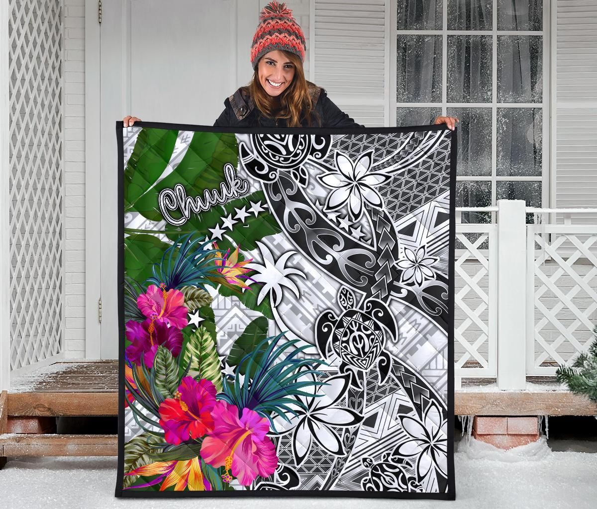 Chuuk Premium Quilt White - Turtle Plumeria Banana Leaf