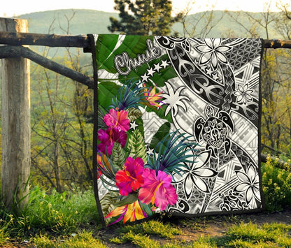 Chuuk Premium Quilt White - Turtle Plumeria Banana Leaf