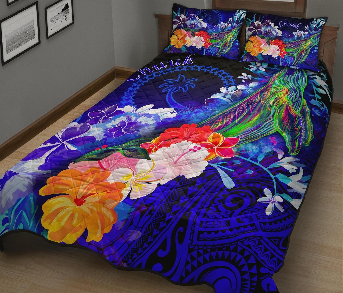 Chuuk Quilt Bed Set - Humpback Whale with Tropical Flowers (Blue)
