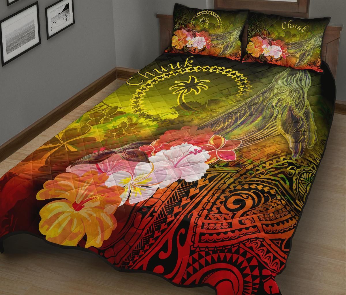 Chuuk Quilt Bed Set - Humpback Whale with Tropical Flowers (Yellow)