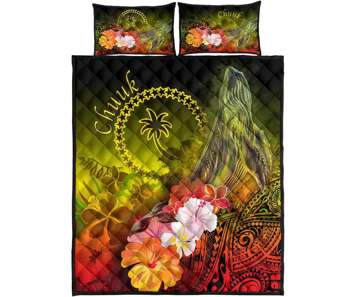 Chuuk Quilt Bed Set - Humpback Whale with Tropical Flowers (Yellow)