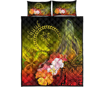 Chuuk Quilt Bed Set - Humpback Whale with Tropical Flowers (Yellow)