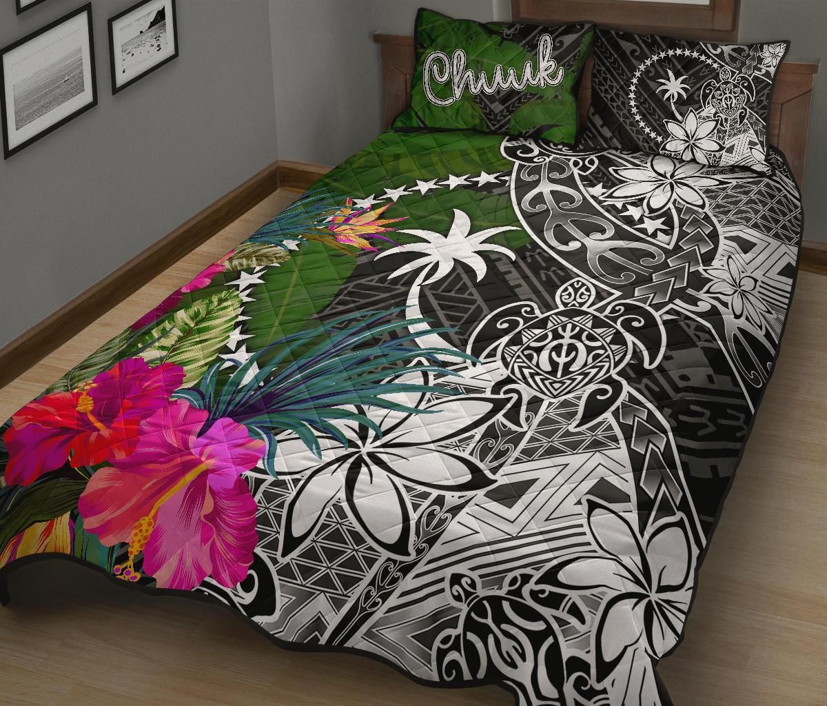 Chuuk Quilt Bed Set - Turtle Plumeria Banana Leaf