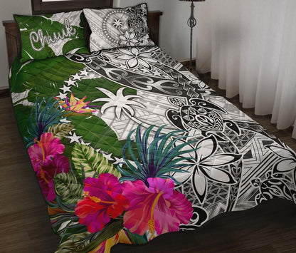 Chuuk Quilt Bed Set White - Turtle Plumeria Banana Leaf