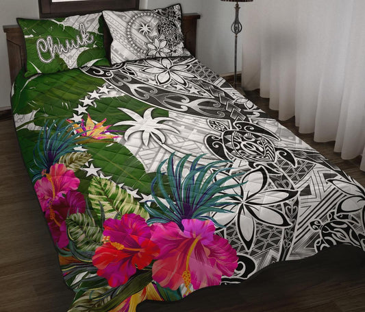 Chuuk Quilt Bed Set White - Turtle Plumeria Banana Leaf