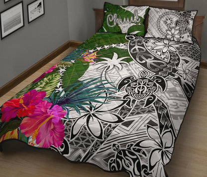 Chuuk Quilt Bed Set White - Turtle Plumeria Banana Leaf