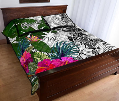 Chuuk Quilt Bed Set White - Turtle Plumeria Banana Leaf