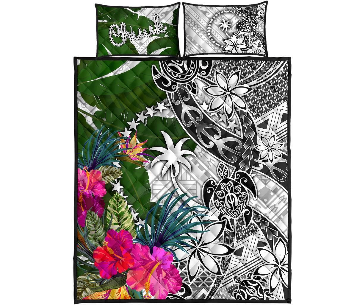 Chuuk Quilt Bed Set White - Turtle Plumeria Banana Leaf