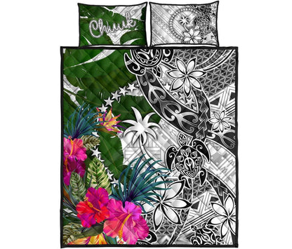 Chuuk Quilt Bed Set White - Turtle Plumeria Banana Leaf